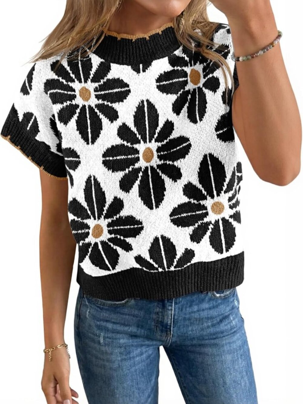 Floral Short Sleeve Sweater Top | Vintage Crew Neck Loose Knit Summer Pullover